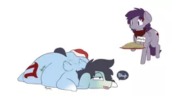 Size: 2500x1400 | Tagged: grimdark, suggestive, artist:nom-sympony, derpibooru import, oc, oc:pepci, oc:pepper dust, unofficial characters only, pony, belly, christmas, chubby, cookie, digestion, fat, fetish, food, hat, holiday, object stuffing, santa hat, sick, stomach noise, tongue out, vore, weight gain