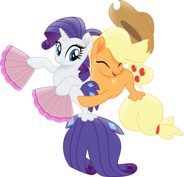 Size: 4265x4089 | Tagged: safe, artist:tralomine, derpibooru import, applejack, rarity, my little pony: the movie, .svg available, absurd resolution, eyes closed, female, hug, lesbian, mare, rarijack, seaponified, seapony applejack, seapony rarity, seashell fan, shipping, simple background, species swap, transparent background, vector