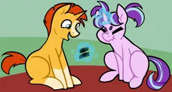 Size: 1280x687 | Tagged: safe, artist:/d/non, derpibooru import, starlight glimmer, sunburst, pony, unicorn, 30 minute art challenge, colt, colt sunburst, equal sign, female, filly, filly starlight glimmer, magic, male, younger