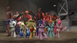 Size: 1024x576 | Tagged: safe, derpibooru import, applejack, fluttershy, pinkie pie, rainbow dash, rarity, twilight sparkle, pony, 3d, crossover, engineer, medic, pyro, scout, sniper, source filmmaker, spy, team fortress 2