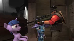 Size: 1024x576 | Tagged: safe, derpibooru import, trixie, twilight sparkle, pony, 3d, awp, crossover, gibus, gun, rifle, sniper, source filmmaker, team fortress 2, weapon