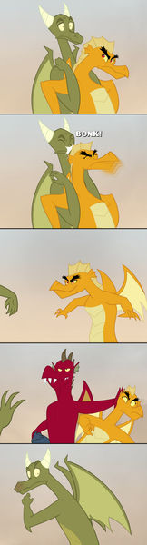 Size: 600x2222 | Tagged: artist:queencold, ask, ask caldera, comic, derpibooru import, dragon, dragoness, dragon oc, female, full nelson, headbutt, oc, oc:caldera, oc:maximus, pushing, safe, shove, teenaged dragon, tumblr, unofficial characters only, younger