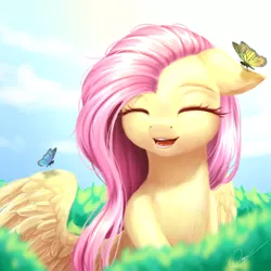 Size: 2000x2000 | Tagged: safe, artist:zukiq314, derpibooru import, fluttershy, butterfly, pegasus, pony, bush, cute, daaaaaaaaaaaw, eyes closed, female, floppy ears, happy, hnnng, mare, open mouth, shyabetes, smiling, solo, spread wings, wings