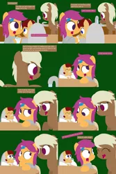 Size: 2560x3840 | Tagged: safe, artist:dtcx97, derpibooru import, scootaloo, oc, oc:lightning blitz, oc:sandy hooves, pegasus, pony, comic:ask motherly scootaloo, baby, baby bottle, baby pony, colt, comic, dialogue, female, green background, hairpin, male, milk, mother and son, motherly scootaloo, offspring, older, older scootaloo, parent:rain catcher, parent:scootaloo, parents:catcherloo, simple background, sink, sweatshirt, teething