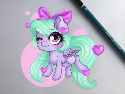 Size: 900x675 | Tagged: safe, artist:bunnywhiskerz, artist:emberslament, derpibooru import, flitter, pegasus, pony, bow, chibi, cute, female, flitterbetes, hair bow, heart, mare, one eye closed, smiling, solo, wink