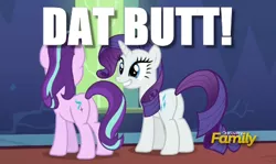 Size: 462x275 | Tagged: suggestive, derpibooru import, rarity, starlight glimmer, pony, unicorn, butts, dat butt, discovery family logo, eyes on the prize, female, grin, image macro, mare, meme, plot, smiling