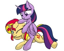 Size: 3508x2800 | Tagged: safe, artist:datapony, derpibooru import, sunset shimmer, twilight sparkle, twilight sparkle (alicorn), alicorn, pony, floppy ears, high res, noogie, one eye closed, simple background, transparent background