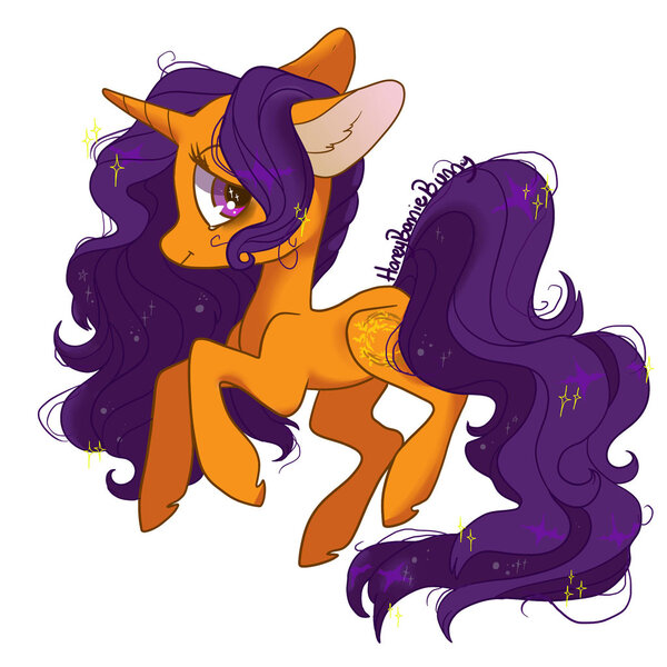 Size: 1024x1024 | Tagged: safe, artist:honeybonniebunny, derpibooru import, oc, oc:moon shadow, unofficial characters only, pony, unicorn, bushy hair, commission, food, long mane, long tail, moon, orange, purple, solo, sun