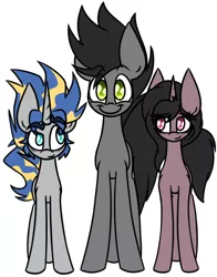 Size: 1602x2042 | Tagged: safe, artist:nekro-led, derpibooru import, oc, oc:nekro led, oc:raven, oc:spark capacitor, unofficial characters only, earth pony, pony, unicorn, family, size difference