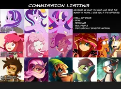 Size: 2000x1473 | Tagged: safe, artist:zelc-face, derpibooru import, apple bloom, fluttershy, quarter hearts, scootaloo, starlight glimmer, sunset shimmer, sweetie belle, twilight sparkle, twilight sparkle (alicorn), vinyl scratch, oc, oc:prickly pears, oc:spicy demon, alicorn, bat pony, equestria girls, advertisement, commission info, cutie mark crusaders, dipper pines, flutterbat, goggles, gravity falls, link, overwatch, race swap, the legend of zelda, tracer