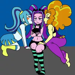 Size: 1280x1280 | Tagged: suggestive, artist:/d/non, derpibooru import, adagio dazzle, aria blaze, sonata dusk, equestria girls, rainbow rocks, adaria, arisona, belly button, blushing, breasts, cheerleader, clothes, cute, female, kissing, lesbian, looking at you, midriff, polyamory, polydazzlings, shipping, skirt, smiling, socks, sonagio, sonatabetes, sports bra, sports shorts, striped socks, the dazzlings, unamused, wondercolts uniform