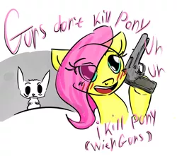 Size: 946x837 | Tagged: semi-grimdark, artist:dn0, derpibooru import, fluttershy, pony, bust, gun, i kill people, image macro, jon lajoie, meme, solo, song reference, weapon