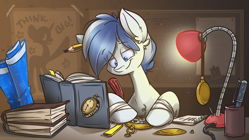 Size: 2667x1500 | Tagged: safe, artist:kez, derpibooru import, oc, oc:little tinker, unofficial characters only, pony, blueprint, book, lamp, pencil, screwdriver, solo, watch