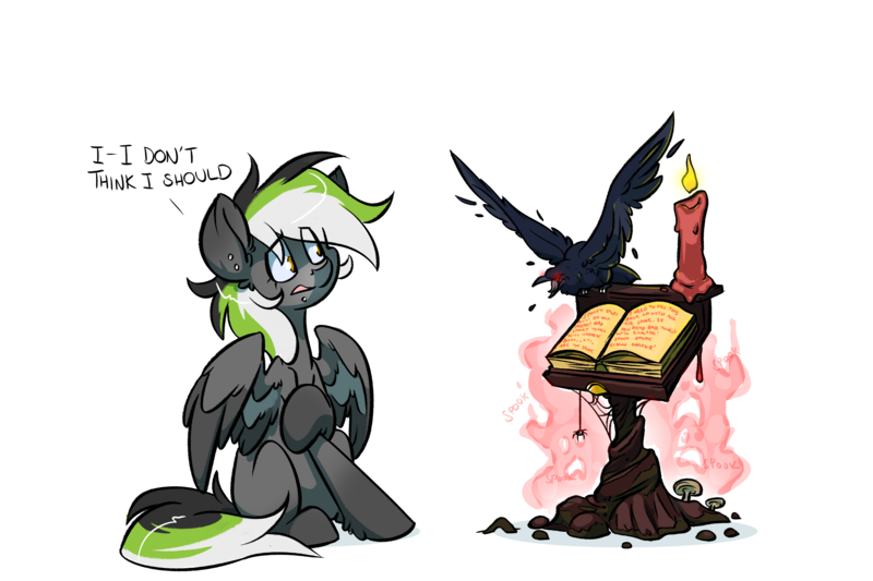 Size: 4416x2942 | Tagged: safe, artist:kez, derpibooru import, oc, oc:graphite sketch, unofficial characters only, bird, crow, pegasus, pony, askthegraphitesketch, book, candle, female, glowing eyes, mare, piercing, simple background, solo, transparent background