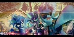 Size: 2800x1400 | Tagged: safe, artist:ruhisu, derpibooru import, starlight glimmer, trixie, oc, oc:brave wing, pony, clothes, cops, houses, levitation, magic, neighborhood, open mouth, paper, pen, police, police officer, sunglasses, telekinesis, underhoof