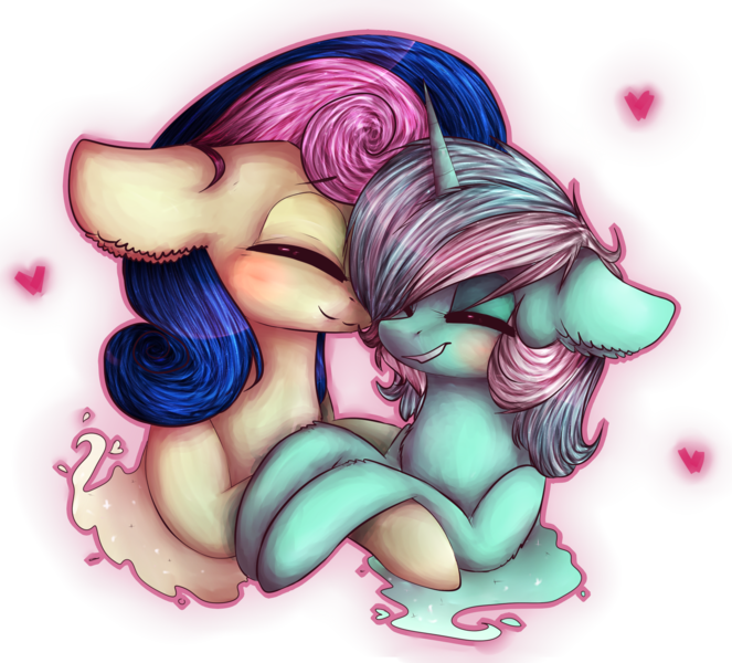 Size: 1717x1555 | Tagged: safe, artist:kilamuri, derpibooru import, bon bon, lyra heartstrings, sweetie drops, earth pony, pony, unicorn, blushing, eyes closed, female, lesbian, lyrabon, mare, shipping, smiling