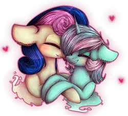 Size: 1717x1555 | Tagged: safe, artist:kilamuri, derpibooru import, bon bon, lyra heartstrings, sweetie drops, earth pony, pony, unicorn, blushing, eyes closed, female, lesbian, lyrabon, mare, shipping, smiling