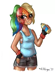 Size: 2975x3850 | Tagged: artist:mylittleyuri, athlete, blushing, bra, clothes, derpibooru import, digital art, female, hand on hip, human, humanized, implied exercise, looking at you, multicolored hair, ponytail, rainbow dash, safe, shorts, solo, sports bra, sports shorts, tanktop, underwear, water bottle, wristband