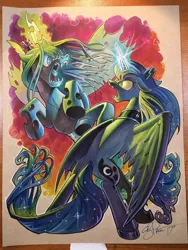 Size: 768x1024 | Tagged: safe, artist:andypriceart, derpibooru import, princess luna, queen chrysalis, alicorn, changeling, pony, duo, female, fight, glowing horn, mare, traditional art, watercolor painting