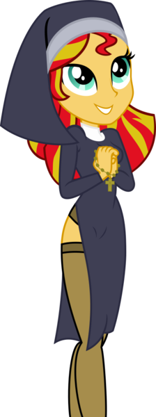 Size: 446x1193 | Tagged: suggestive, derpibooru import, sunset shimmer, equestria girls, .svg available, breasts, christian sunset shimmer, clothes, female, nun, nunset shimmer, rosary, show accurate, simple background, smiling, solo, stockings, svg, thigh highs, transparent background, vector