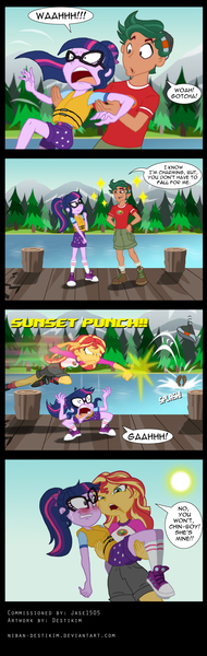 Size: 950x2993 | Tagged: safe, artist:niban-destikim, derpibooru import, sci-twi, sunset shimmer, timber spruce, twilight sparkle, equestria girls, legend of everfree, bad pickup line, boots, clothes, comic, commission, converse, crouch, crouching, disproportionate retribution, ducking, falcon punch, female, jealous, lake, legs, lesbian, parody, possessive, punch, scene parody, scitwishimmer, shipping, shipping denied, shipping war, shoes, sneakers, socks, sunsetsparkle, timber spruce drama