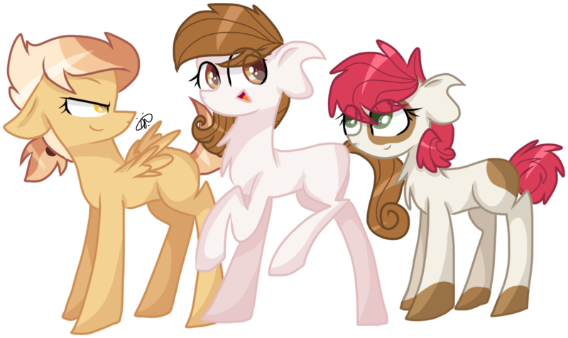 Size: 2098x1249 | Tagged: safe, artist:thepegasisterpony, derpibooru import, oc, oc:chicken wings, oc:cocoa belle, oc:pippin apple, unofficial characters only, pony, crystalverse, next generation, offspring, parent:apple bloom, parent:button mash, parent:featherweight, parent:pipsqueak, parent:scootaloo, parent:sweetie belle, parents:pipbloom, parents:scootaweight, parents:sweetiemash, raised hoof, simple background, transparent background