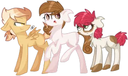 Size: 2098x1249 | Tagged: safe, artist:thepegasisterpony, derpibooru import, oc, oc:chicken wings, oc:cocoa belle, oc:pippin apple, unofficial characters only, pony, crystalverse, next generation, offspring, parent:apple bloom, parent:button mash, parent:featherweight, parent:pipsqueak, parent:scootaloo, parent:sweetie belle, parents:pipbloom, parents:scootaweight, parents:sweetiemash, raised hoof, simple background, transparent background