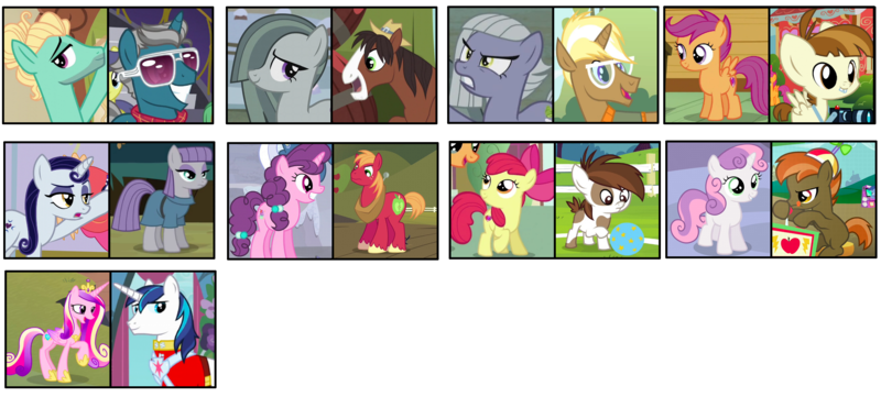 Size: 2100x1000 | Tagged: safe, artist:thepegasisterpony, derpibooru import, apple bloom, big macintosh, button mash, fashion plate, featherweight, limestone pie, marble pie, maud pie, moonlight raven, pipsqueak, princess cadance, scootaloo, shining armor, sugar belle, sweetie belle, trenderhoof, trouble shoes, zephyr breeze, pony, crack shipping, female, gay, male, marbleshoes, pipbloom, scootaweight, shipping, straight, sugarmac, sweetiemash