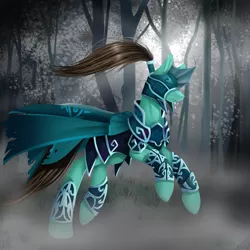 Size: 1400x1400 | Tagged: safe, artist:santagiera, derpibooru import, oc, unofficial characters only, pony, armor, cape, clothes, forest, galloping, solo