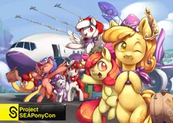 Size: 1697x1200 | Tagged: safe, artist:xennos, derpibooru import, apple bloom, sweetie belle, oc, oc:indonisty, oc:kwankao, oc:pearl shine, oc:rosa blossomheart, oc:temmy, ponified, alicorn, earth pony, pegasus, pony, unicorn, project seaponycon, aircraft, airport, alicorn oc, cute, female, filly, group, indonesia, malaysia, mare, mascot, nation ponies, philippines, singapore, smiling, thailand