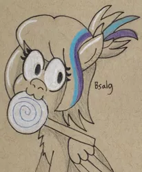 Size: 574x698 | Tagged: safe, artist:b-cacto, derpibooru import, oc, oc:sweet skies, unofficial characters only, pegasus, pony, :3, candy, chest fluff, female, food, limited palette, lollipop, mare, mouth hold, partial color, solo, traditional art