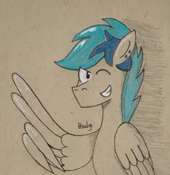 Size: 869x895 | Tagged: safe, artist:b-cacto, derpibooru import, oc, oc:turquoise, unofficial characters only, pony, feather guns, one eye closed, smiling, solo, traditional art, wing hands, wink