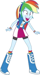 Size: 3000x5530 | Tagged: safe, artist:uponia, derpibooru import, rainbow dash, equestria girls, movie magic, spoiler:eqg specials, .svg available, absurd resolution, boots, clothes, compression shorts, cute, excited, female, open mouth, shoes, simple background, skirt, smiling, socks, solo, striped socks, transparent background, vector, wristband