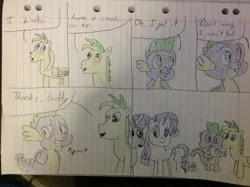 Size: 2592x1936 | Tagged: artist:didgereethebrony, derpibooru import, dragon, lined paper, oc, oc:didgeree, rarity, safe, spike, traditional art, twilight sparkle