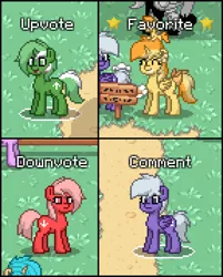 Size: 576x716 | Tagged: safe, derpibooru import, oc, oc:comment, oc:downvote, oc:favourite, oc:upvote, ponified, unofficial characters only, alicorn, earth pony, pegasus, pony, unicorn, derpibooru, pony town, derpibooru ponified, female, mare, meta, open mouth, pixel art, screenshots, smiling, wings