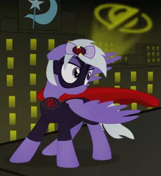 Size: 2500x2729 | Tagged: safe, artist:eagle1division, derpibooru import, oc, oc:comment, oc:hide, ponified, unofficial characters only, pegasus, pony, derpibooru, action pose, bat signal, bow, cape, city, clothes, costume, cutie mark, derpibooru ponified, female, hair bow, mare, meta, rooftop, solo, spotlight, superhero, tape, windswept mane