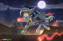 Size: 2061x1363 | Tagged: safe, artist:redchetgreen, derpibooru import, oc, oc:wistful galaxy, unofficial characters only, bat pony, pony, archer, arrows, bat pony oc, building, clothes, commission, full moon, houses, moon, rooftop, scenery, stars, ych result