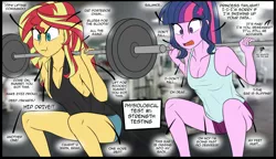 Size: 980x563 | Tagged: safe, artist:pshyzomancer, color edit, derpibooru import, edit, sci-twi, sunset shimmer, twilight sparkle, equestria girls, /fit/, armpits, colored, exercise, female, gym, implied princess twilight, implied twilight sparkle, lesbian, scitwishimmer, shipping, sunsetsparkle, text, tfw, weight lifting, weights, workout, workout outfit