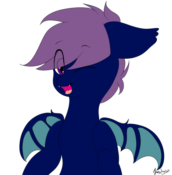 Size: 1317x1342 | Tagged: safe, artist:itwasscatters, derpibooru import, oc, oc:system, unofficial characters only, bat pony, pony, bat wings, male, one eye closed, simple background, stallion, transparent background, wink