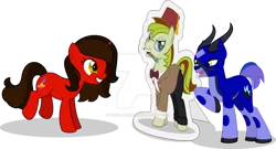 Size: 1024x554 | Tagged: safe, artist:mlp-trailgrazer, derpibooru import, oc, oc:novella, oc:segasister, oc:trail grazer, oc:voice of reason, unofficial characters only, gazelle, pony, unicorn, cardboard cutout, clothes, doctor who, eleventh doctor, female, male, mare, mouth hold, simple background, sonic screwdriver, stallion, watermark