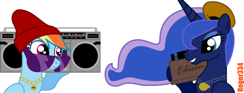 Size: 3039x1155 | Tagged: safe, artist:roger334, derpibooru import, princess luna, rainbow dash, pony, beanie, boombox, hat, paperclip, phonograph, rap, rapping, simple background, sunglasses, transparent background, vector