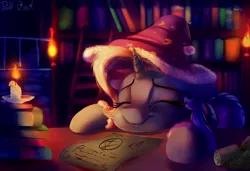 Size: 2000x1369 | Tagged: safe, artist:discorded, artist:pirill, derpibooru import, trixie, pony, unicorn, candle, collaboration, cute, diatrixes, female, hat, mare, night, nightcap, paper, sleeping, solo, trixie's nightcap