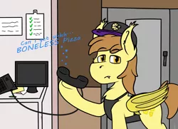 Size: 2000x1450 | Tagged: safe, artist:koonzypony, derpibooru import, oc, oc:stuffed crust, unofficial characters only, bat pony, pony, annoyed, apron, boneless pizza, clothes, computer, food, hat, meme, phone, pineapple, pineapple pizza, pizza, restaurant