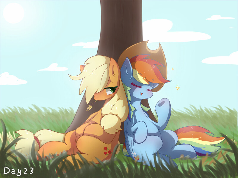 Size: 1400x1050 | Tagged: safe, artist:irenla, derpibooru import, applejack, rainbow dash, earth pony, pegasus, pony, accessory swap, appledash, cowboy hat, duo, eyes closed, female, hat, lesbian, mare, relaxing, shipping, smiling, tree