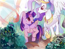 Size: 1024x768 | Tagged: safe, artist:kumikoponylk, derpibooru import, princess celestia, twilight sparkle, twilight sparkle (alicorn), alicorn, pony, blushing, cloud, eye contact, female, grass, heart eyes, lesbian, looking at each other, mare, shipping, twilestia, wingding eyes