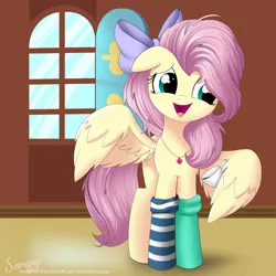 Size: 2000x2000 | Tagged: safe, artist:songbirdserenade, derpibooru import, fluttershy, pegasus, pony, alternate hairstyle, bow, clothes, cup, cute, female, hair bow, high res, jewelry, mare, mismatched socks, necklace, shyabetes, socks, solo, striped socks, teacup, wing hands