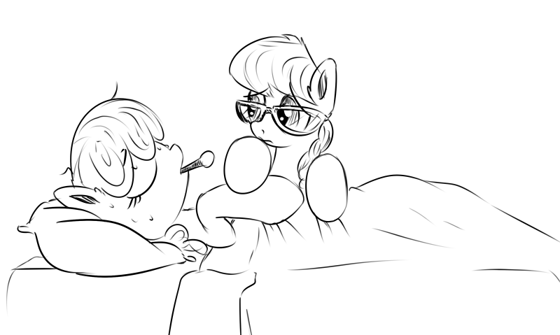 Size: 800x479 | Tagged: dead source, safe, artist:xioade, derpibooru import, cheerilee, silver spoon, earth pony, pony, bed, cheerispoon, female, lesbian, monochrome, shipping, sick, sketch, thermometer