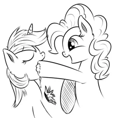 Size: 600x583 | Tagged: dead source, safe, artist:xioade, derpibooru import, lyra heartstrings, pinkie pie, pony, cupcake, feeding, fetish, food, force feeding, hoof fetish, hoof in mouth, hoof licking, licking, monochrome, sketch