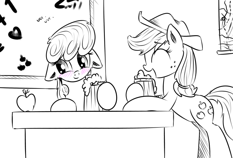 Size: 800x543 | Tagged: dead source, safe, artist:xioade, derpibooru import, applejack, cheerilee, earth pony, pony, blushing, cider, classroom, drink, female, floppy ears, mare, monochrome, sketch, table