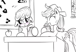 Size: 800x543 | Tagged: dead source, safe, artist:xioade, derpibooru import, applejack, cheerilee, earth pony, pony, blushing, cider, classroom, drink, female, floppy ears, mare, monochrome, sketch, table